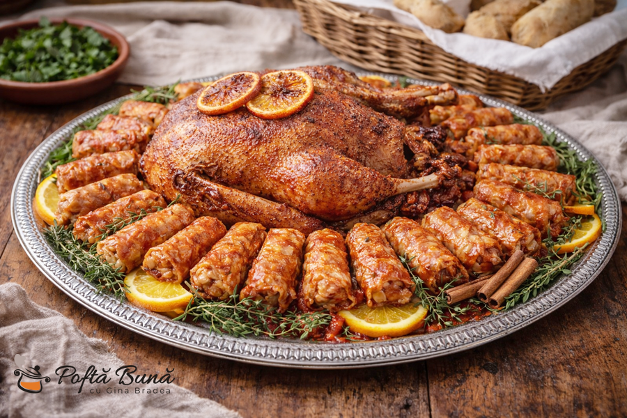 Rata umpluta cu sarmale din piept de rata, reteta festiva veche
