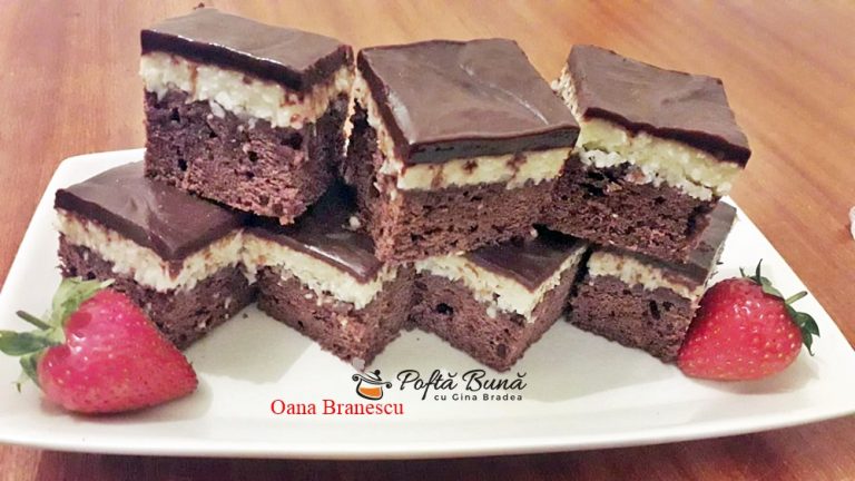 Prajitura Bounty cu crema de cocos, blat de cacao si glazura de ciocolata