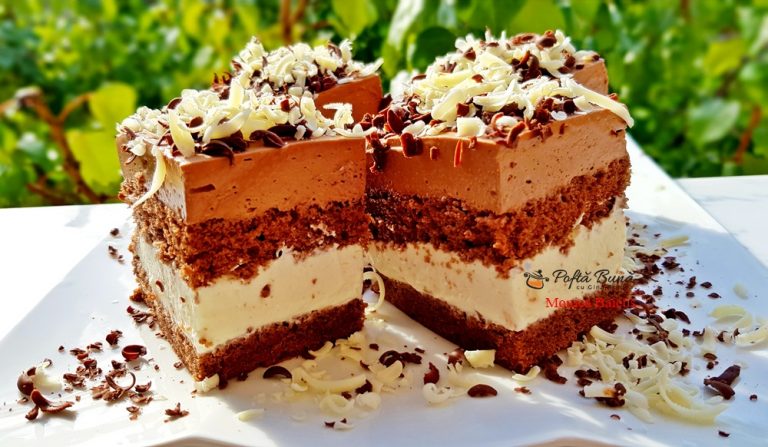 Prajitura Paradis de ciocolata cu blat de cacao, ciocolata alba si neagra
