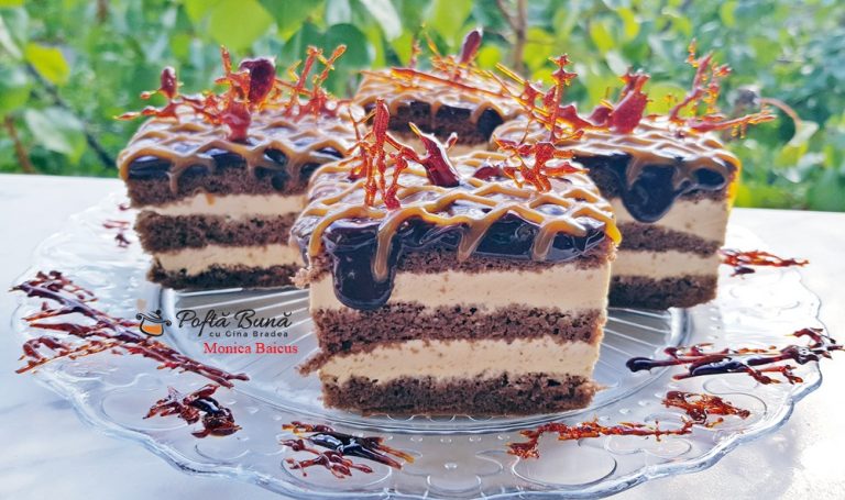 Prajitura Caramel cu foi de cacao, ciocolata si crema caramel
