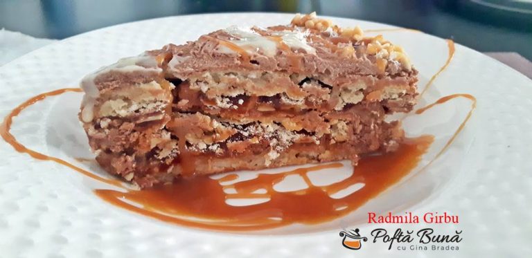 Tort cu blat din bezea si alune, caramel si ciocolata
