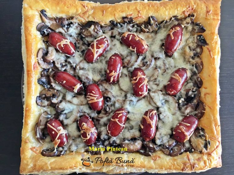 Tarta cu ciuperci si carnaciori de bere
