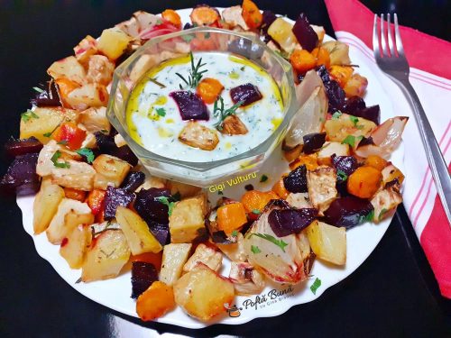 Legume la cuptor cu sos de usturoi copt si iaurt