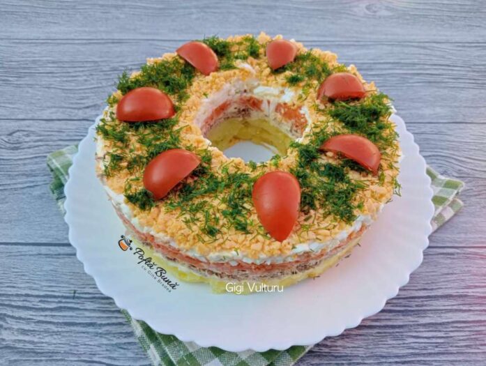 salata mimoza reteta gina bradea 2 697x525 - Sfecla rosie pe felii de portocala