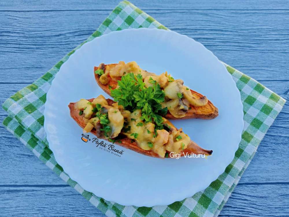 Cartofi dulci gratinati cu ciuperci si mozzarella