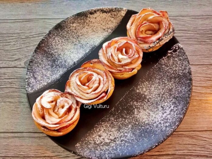 Foietaj cu crema de vanilie sau Mille feuille trandafiri foietaj mere reteta gina bradea 1 697x525 - Foietaj cu crema de vanilie sau Mille feuille