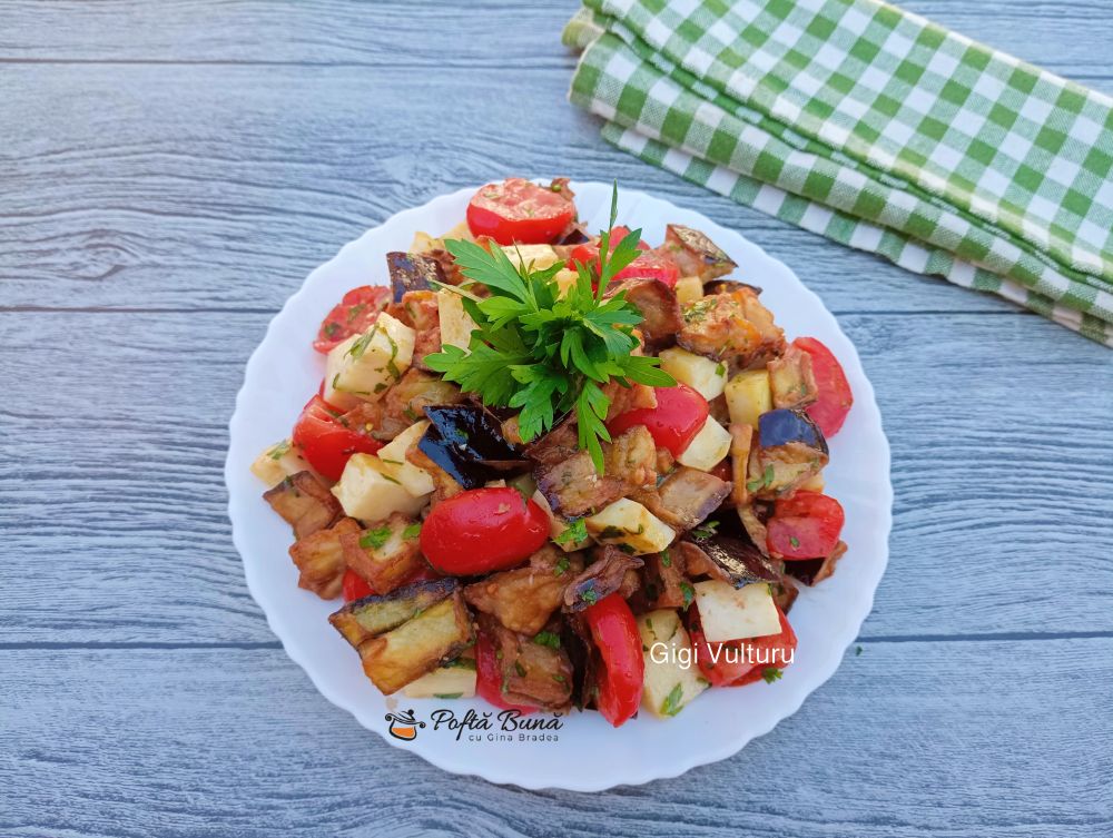 Salata de vinete cu rosii cherry si cascaval salata vinete rosii cherry cascaval reteta gina bradea 1 - Salata de vinete cu rosii cherry si cascaval
