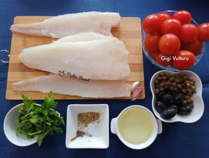 File de peste cu rosii cherry, masline si capere