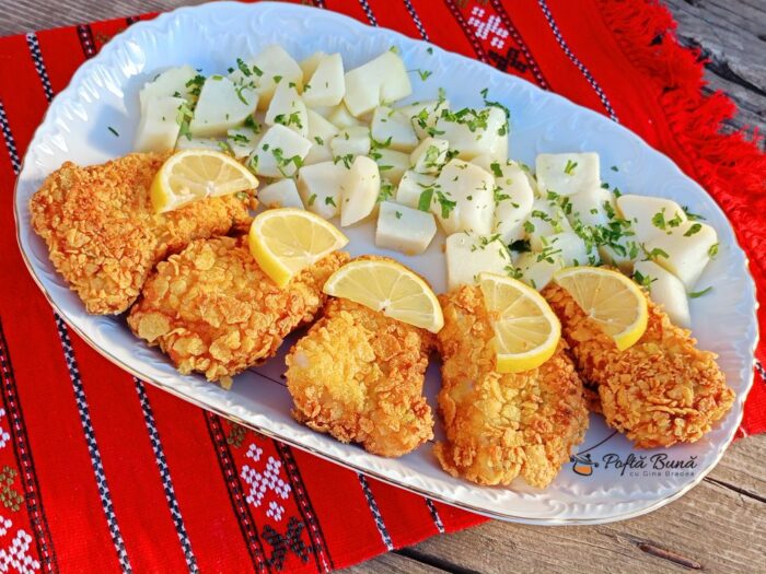 Crispy de peste alb in crusta de fulgi de porumb