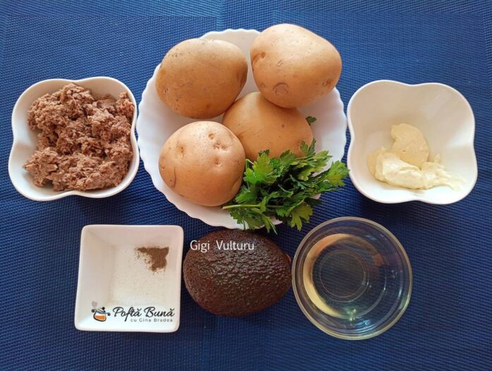 Ingrediente pentru cartofi cu avocado si ton