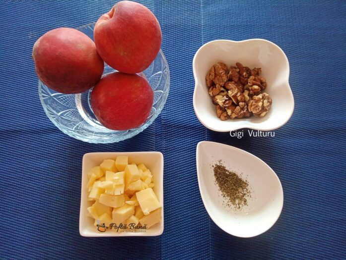 Ingrediente pentru reteta de piersici cu cascaval, miere si nuci Ingrediente pentru reteta de piersici cu cascaval, miere si nuci