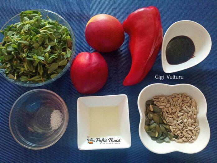 Salata de iarba grasa, nectarine si ardei salata iarba grasa nectarine ardei reteta gina bradea 2 697x525 - Salata de iarba grasa, nectarine si ardei