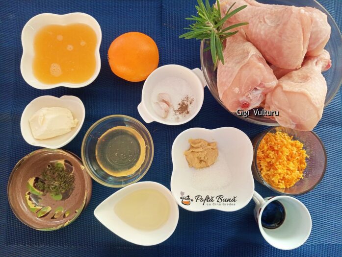 Ingrediente pentru reteta de pulpe de pui in sos de portocale