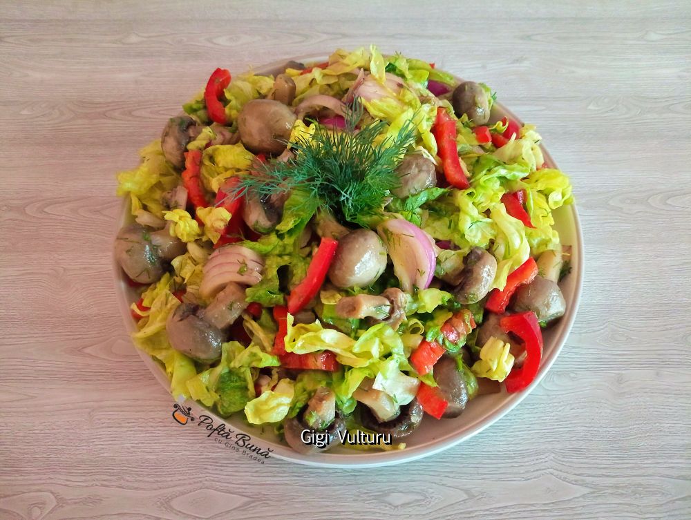 Salata de ciuperci cu ardei, ceapa rosie si salata verde
