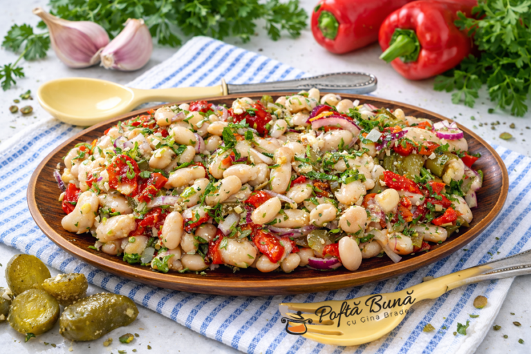 Salata de fasole boabe cu ardei copti si castraveti murati