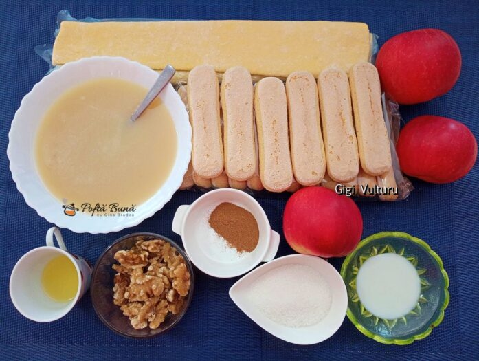 Coroniță din foietaj cu pișcoturi, lapte condensat și mere