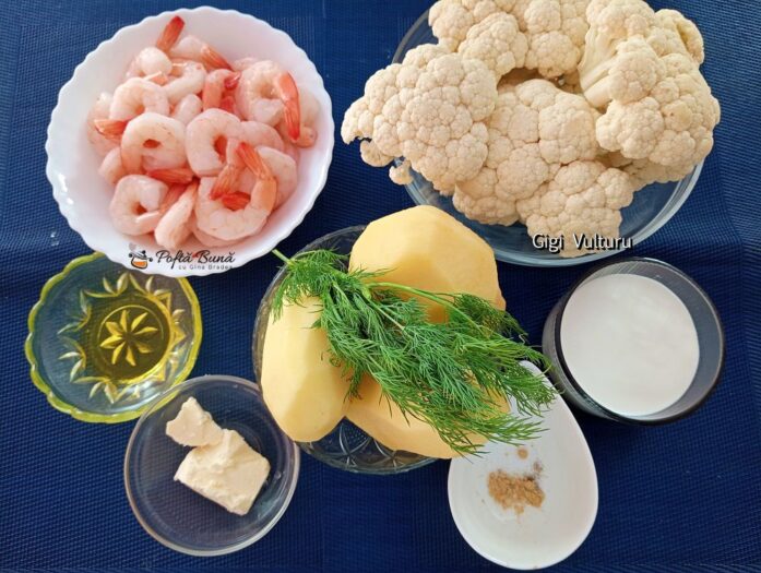 Ingrediente pentru reteta de creveti cu piure de conopida si cartofi