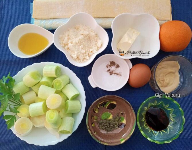 Ingrediente pentru coșulețe din foietaj cu praz, sos de muștar și portocale