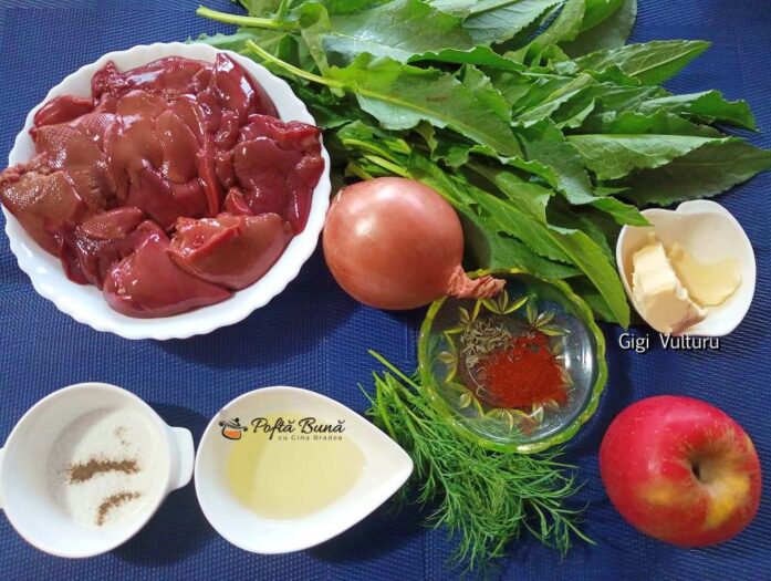 Ingrediente pentru rețeta de ficat de pui cu ștevie și măr