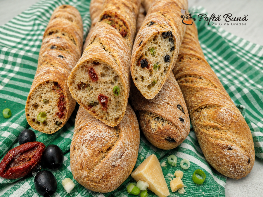 Baghete răsucite cu măsline, ceapă, parmezan rețetă de ciabatta