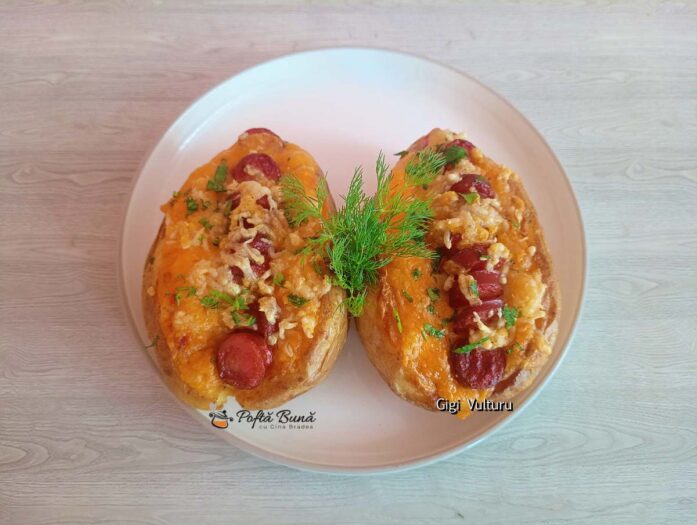 Cartofi cu brânză cheddar și cârnați cabanos
