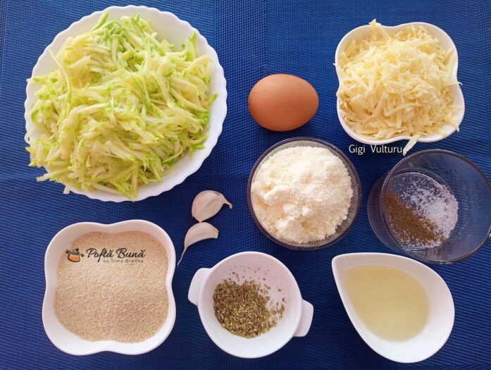 Ingrediente pentru bastonașe din dovlecei rași cu mozzarella și parmezan