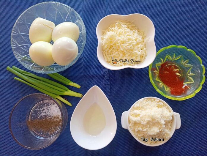 Ingrediente pentru rețeta de ouă fierte în crustă de parmezan și mozzarella