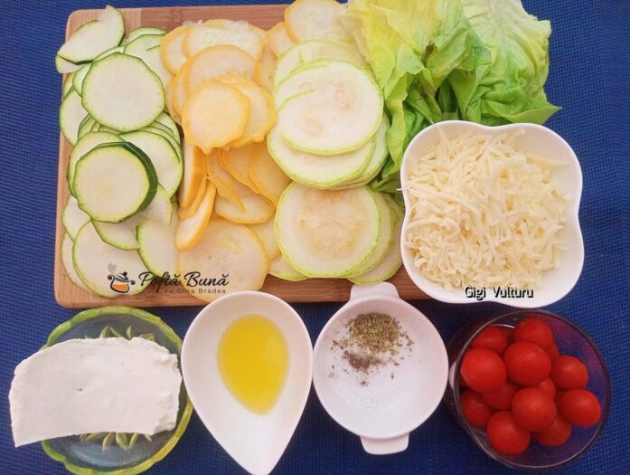 Ingrediente pentru rulada din dovlecei, mozzarella, salată și roșii cherry