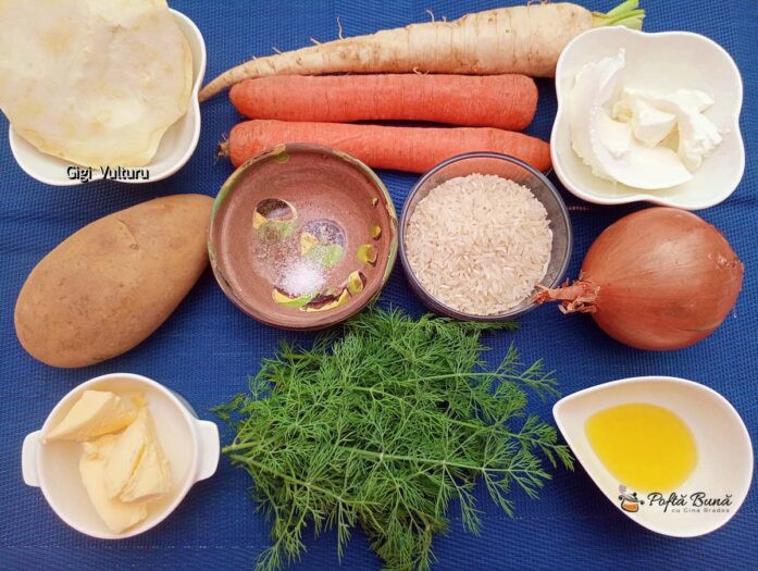 Ingrediente pentru supa de orez cu morcovi și mărar