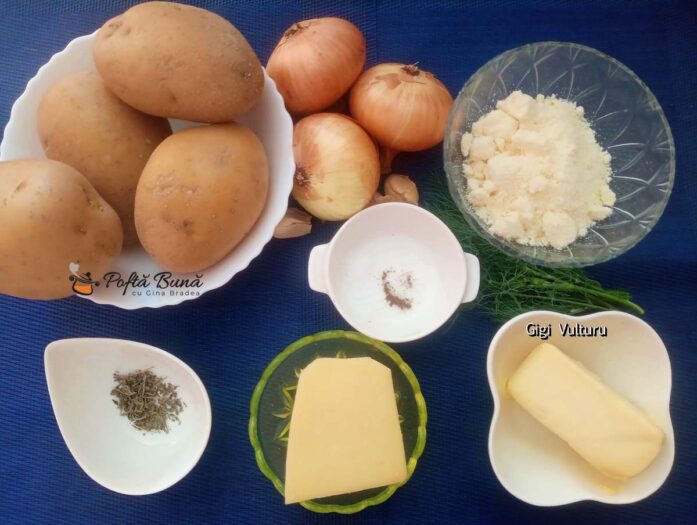 Ingrediente - cartofi cu cașcaval și ceapă la cuptor