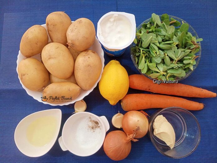 Ingrediente - salată de cartofi cu morcovi, iarbă grasă și iaurt grecesc