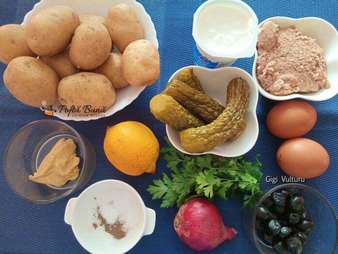 Salată de cartofi cu ouă, ton și castraveți murați - ingrediente